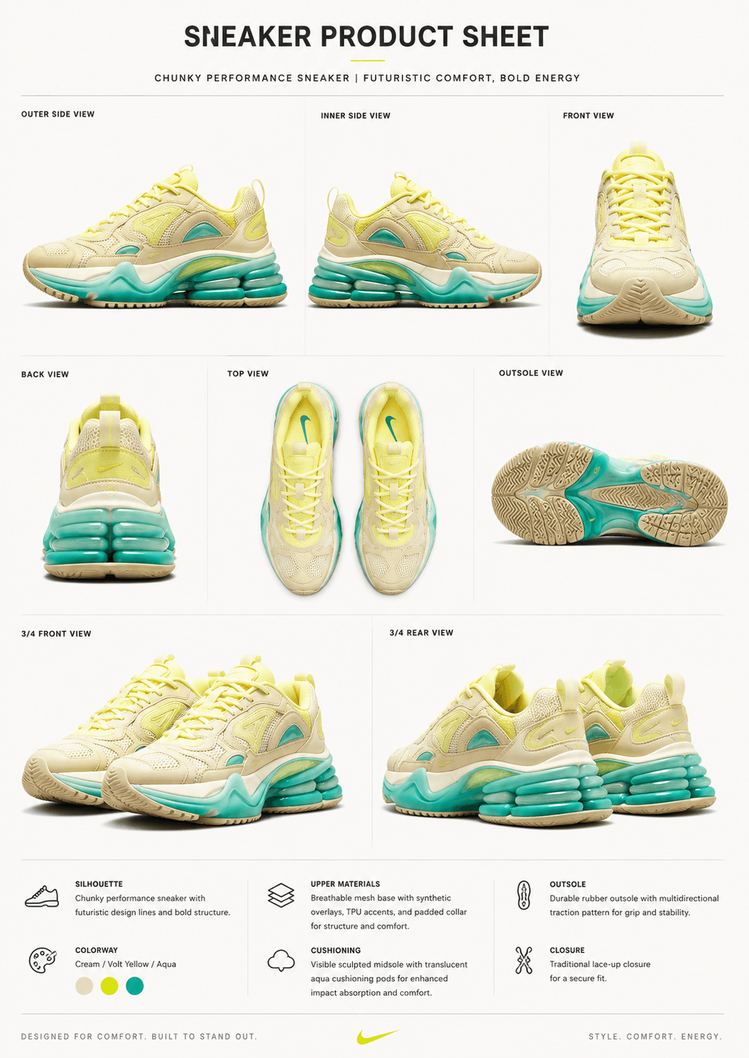 Product sheet showing one sneaker from every angle, side, top, back and outsole