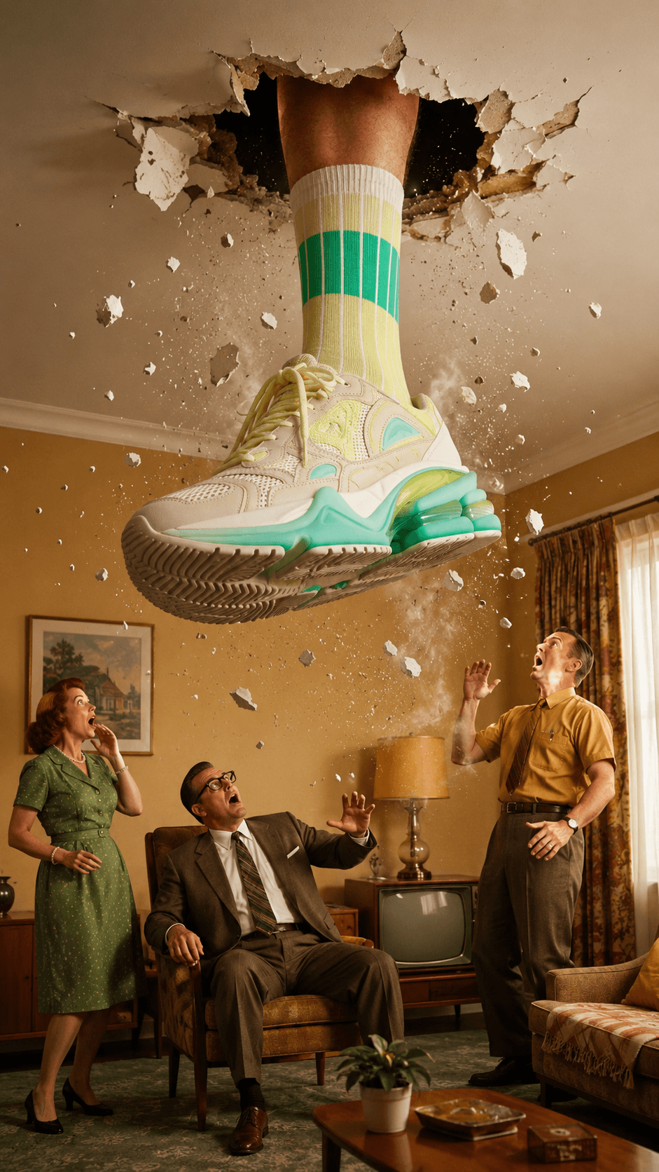Giant sneaker crashing through the ceiling of a retro living room as three people react