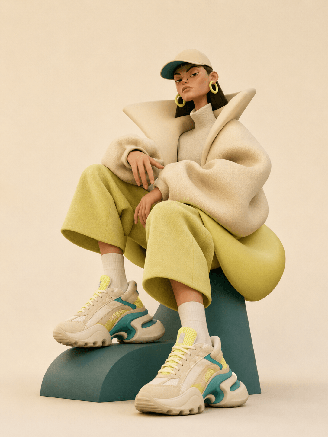 Stylised 3D character in oversized loungewear seated with the sneakers on a plinth
