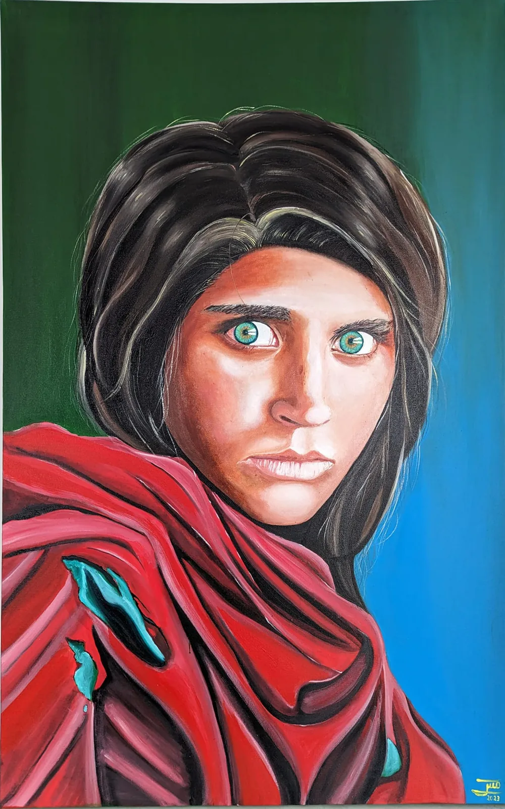 Emerald Gaze: a green-eyed young woman in a red shawl against a green and blue ground